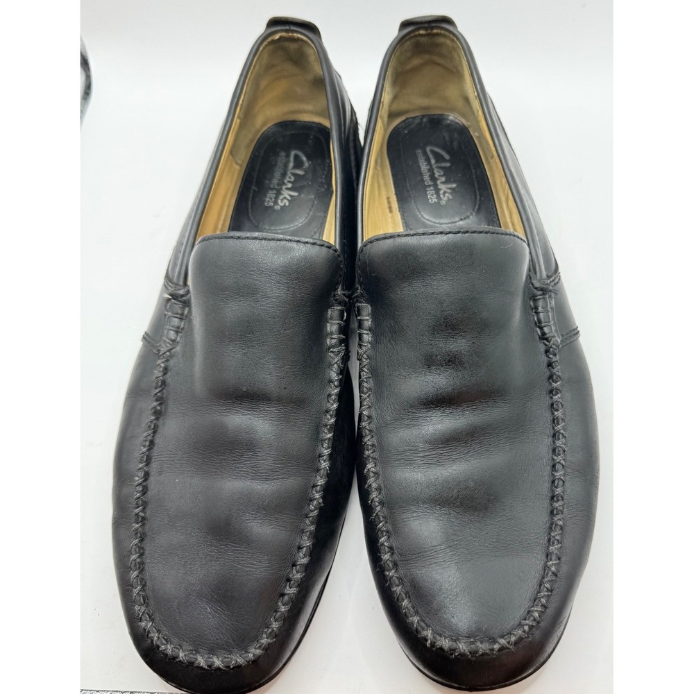 VTG Clarks Leather Loafers Mens 10.5 Black Moc Toe Mocs Comfort Dress Shoes - Picture 3 of 8